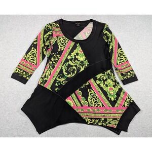 Eva Varro Women Top XL Asymmetrical Scarf Print Baroque Floral Gold Slinky Tunic